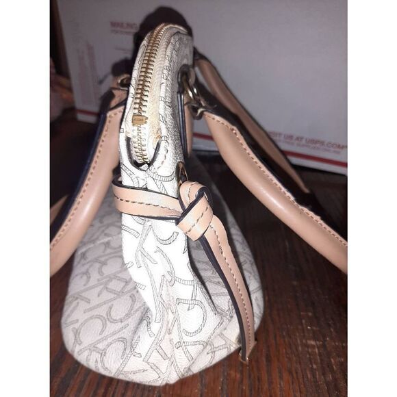 Calvin Klein Logo Tan Ivory Medium Top Handle Satchel Purse Handbag Bag - Picture 6 of 10